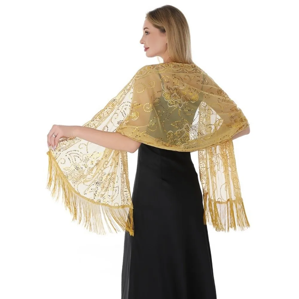 

Fashion Sequins Evening Dress Shawl Pure Color with Tassel Wedding Capes Mesh Wedding Shrugs Wraps for Women