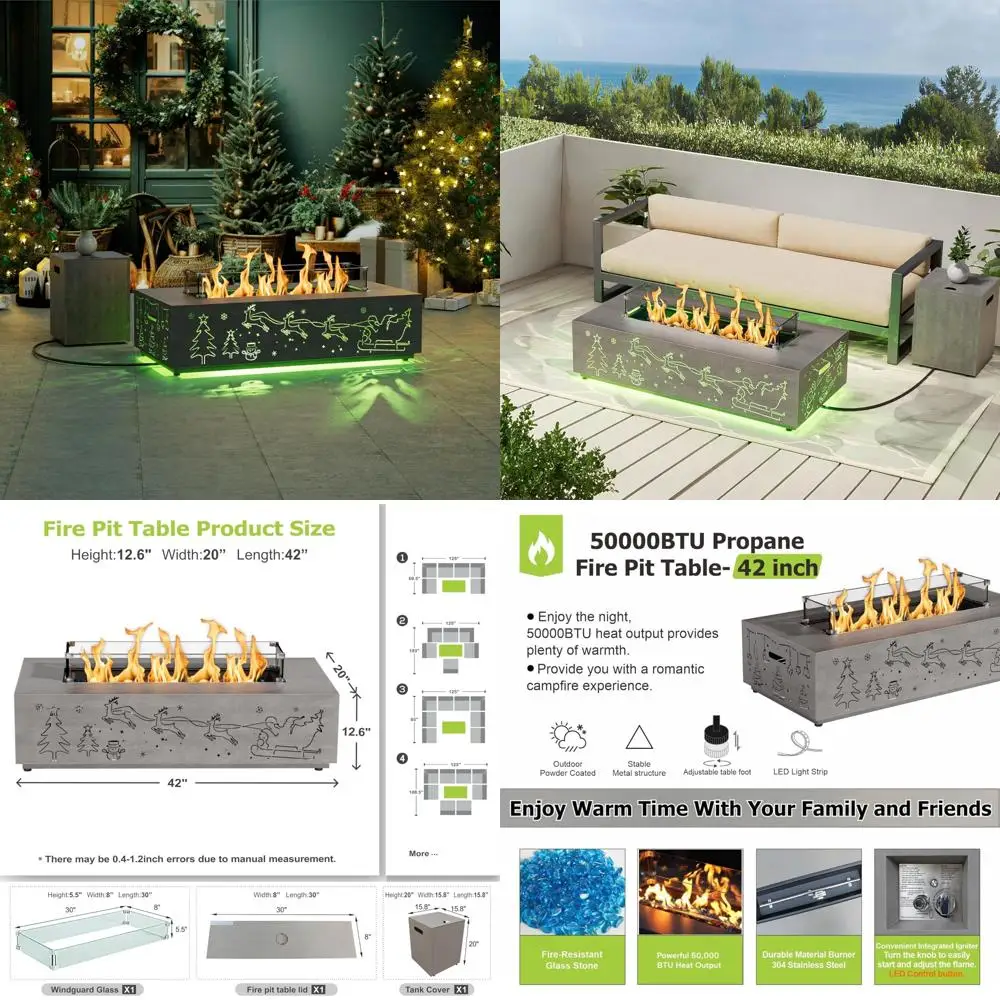 42 طاولة حفرة نار من البروبان مع زخرفة مقطوعة لعيد الميلاد وأضواء RGB - بقدرة 5000 وحدة حرارية بريطانية مع زجاج واقي من الرياح وغطاء وصخور وCov #1