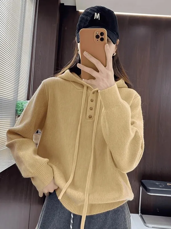 

Фиолетовый свитер с капюшоном женский, осенне-зимний, больших размеров, свободный, мягкий, уютный, омолаживающий, стройнящий, вязаный топ