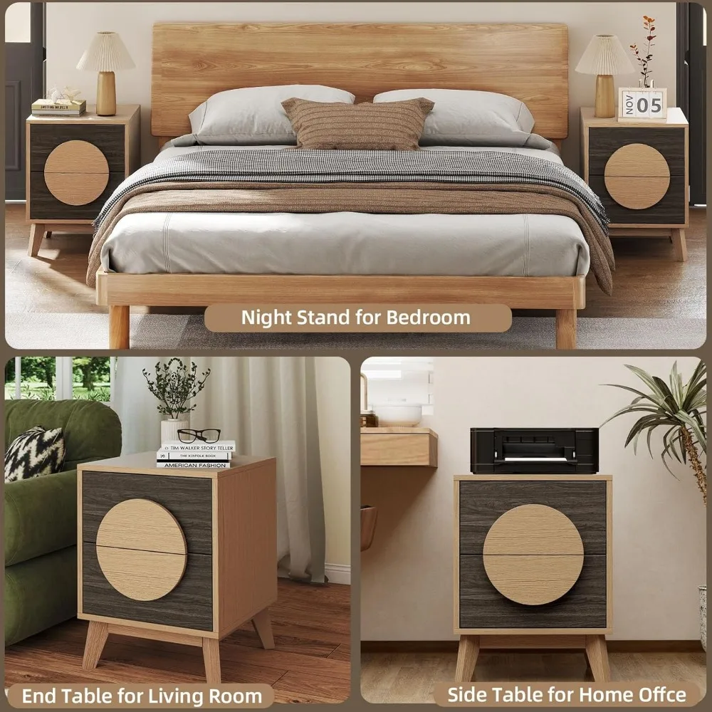 منضدة حديثة من خشب البلوط مقاس 15 بوصة مع أدراج ومقابض دائرية وطاولة جانبية مدمجة لغرفة النوم