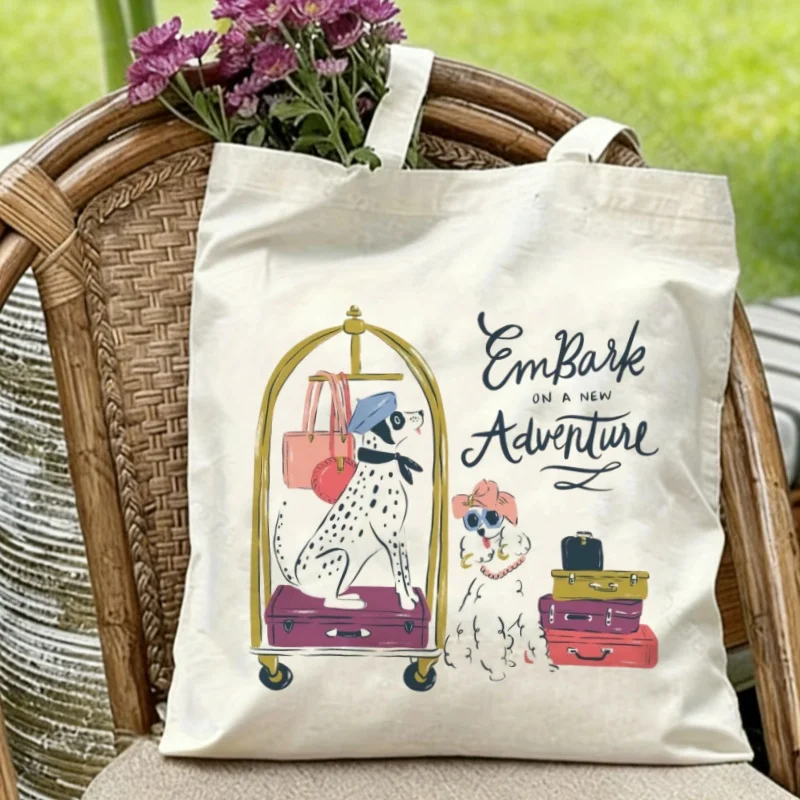 

1PC "Embark On A New Adventure" Travel Dog Canvas Tote Eco-friendly Reusable Shoulder Bag
