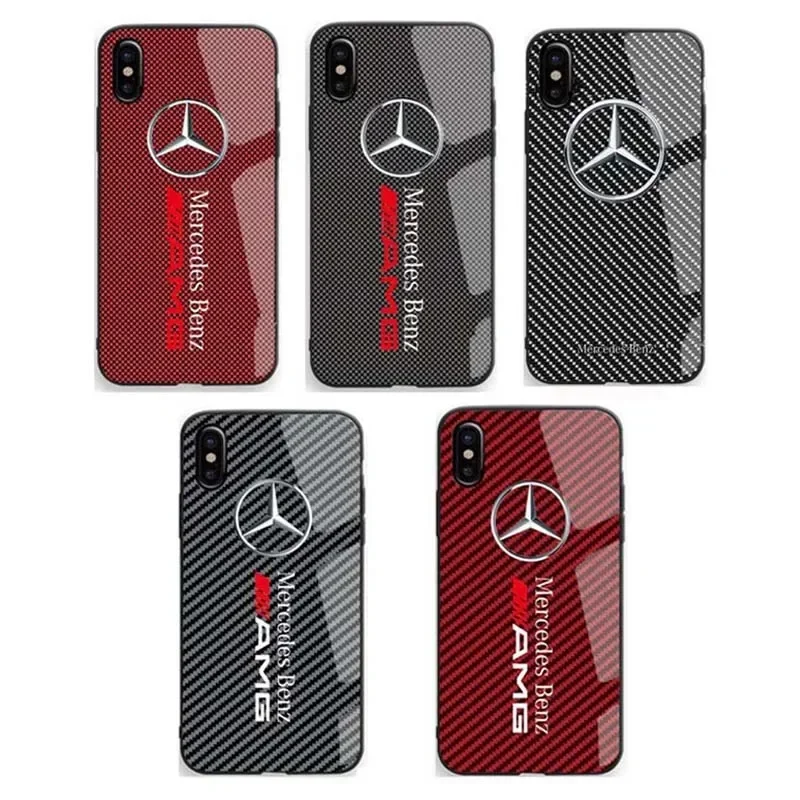 Para iPhone 16 Pro Max fundas rojo negro fibra de carbono Mercedes Benz funda trasera de cristal para iPhone 15 14 11 12 13 Mini Plus cubierta