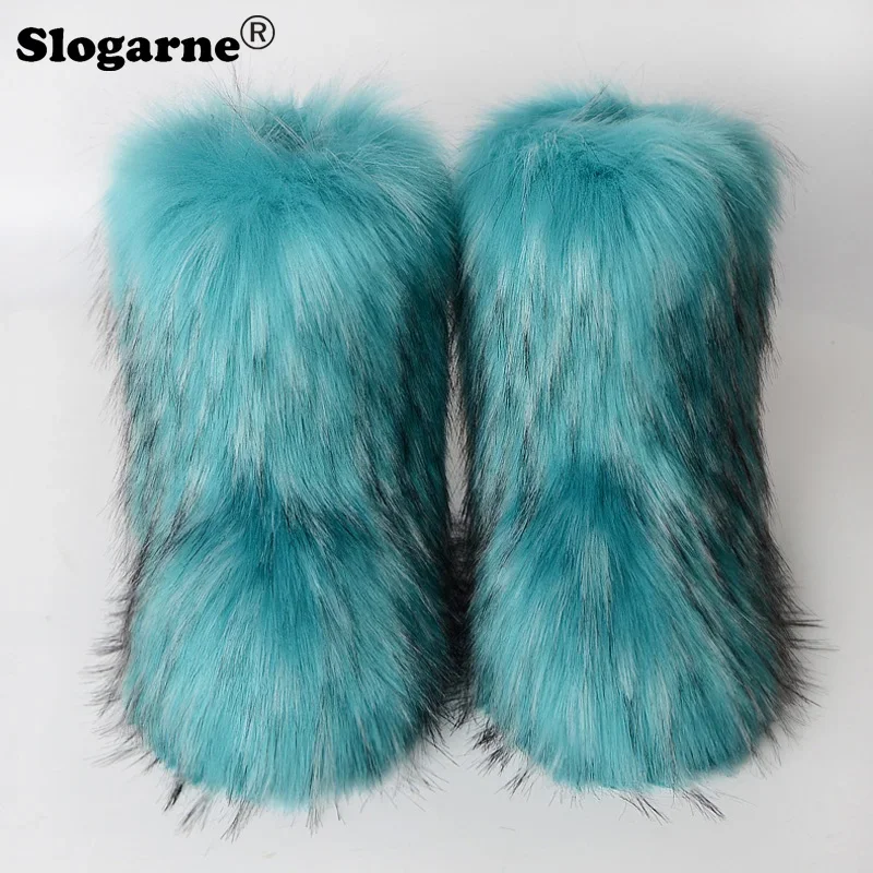 Women\'s Winter Faux Fox Fur Snow Boots Woman Plush Warm Fur Boots Luxury Footwear Girls\' Furry Fur Bottes Fashion Fluffy Shoes