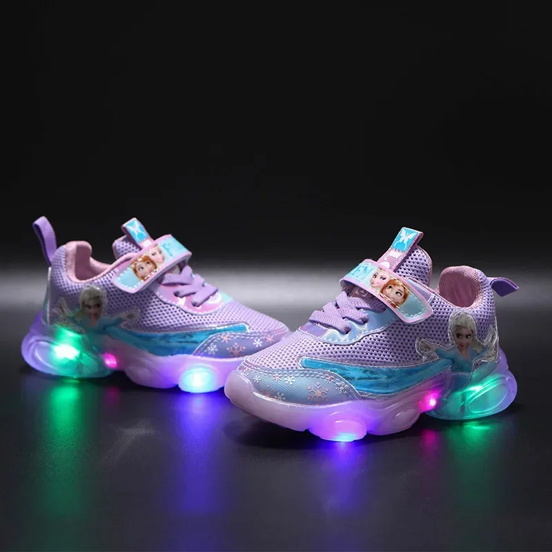 Disney LED Casual Sneakers For Summer Girls Frozen Elsa Princess Print Mesh Breathable Shoes Children Lighted Non-slip Shoes