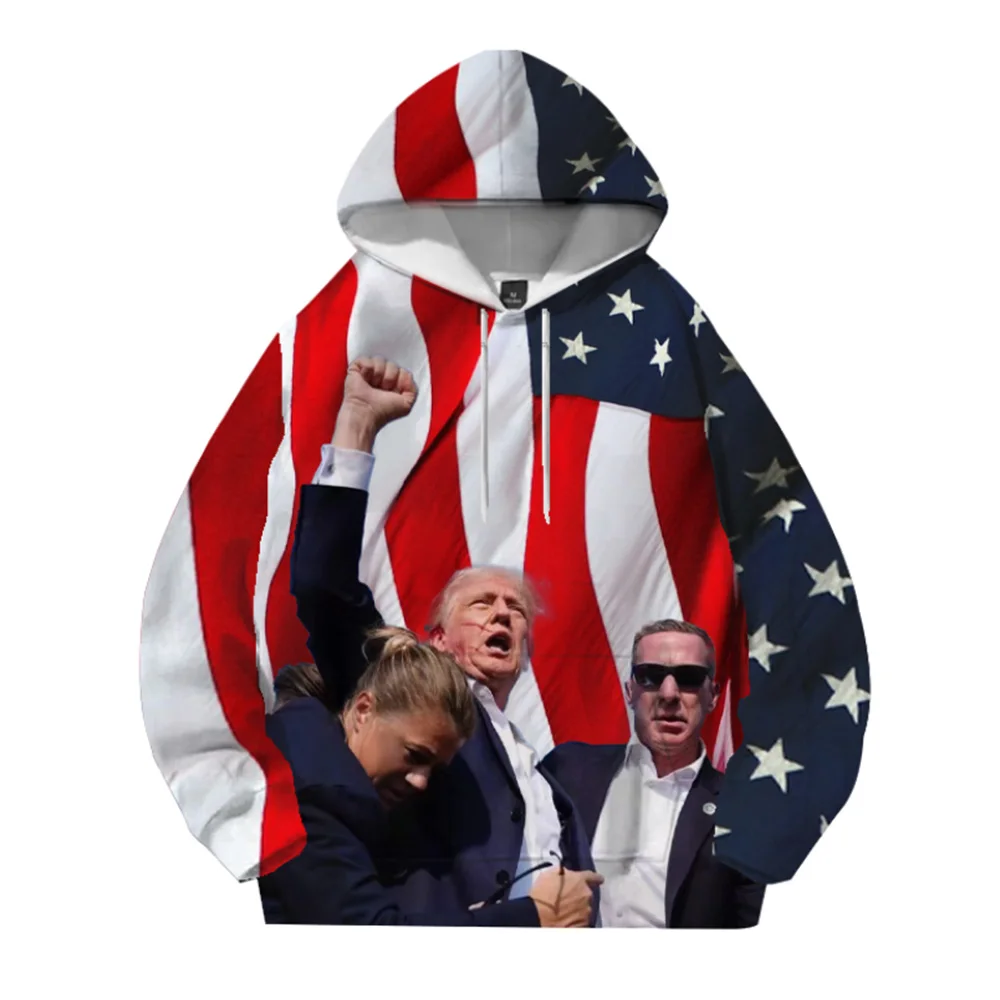 

Funny Trump shooting photo Personality top Hoodie American flag Trump 3d Printed Fashion casual top hoodie plus size