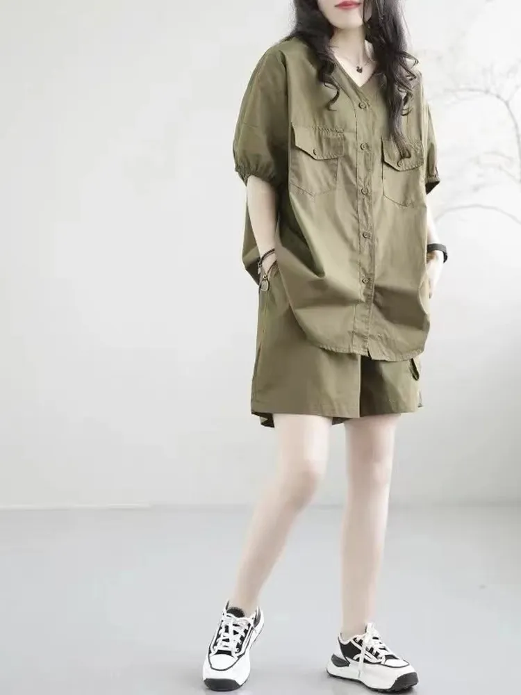 Conjunto informal Faionable de talla grande para mujer, conjunto de dos piezas de algodón cómodo, adelgazante, sentimientos de gama alta, irt orts, verano