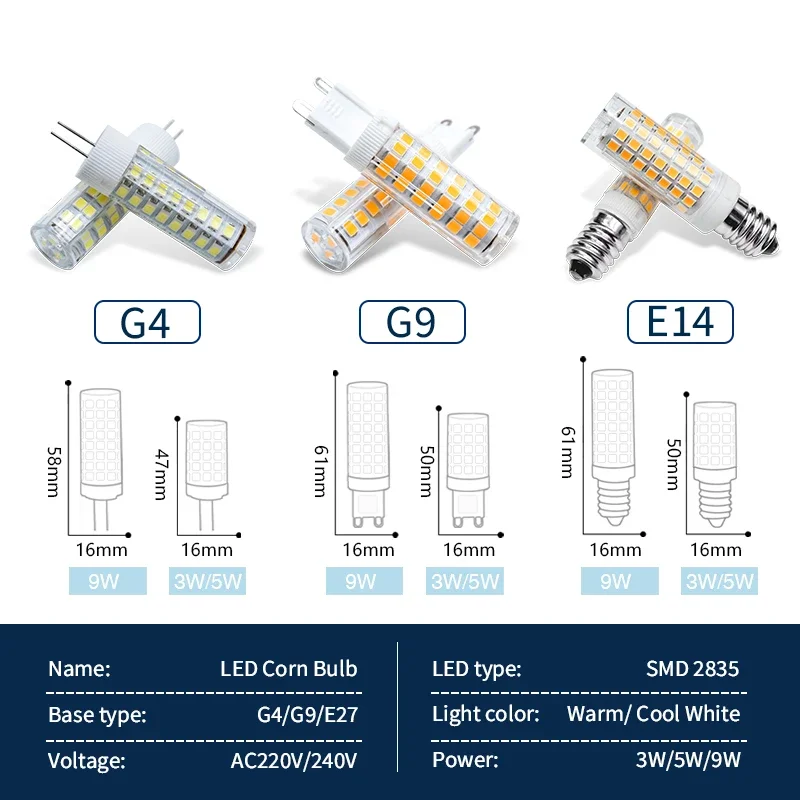 Bombilla LED G4, G9, E14, AC220V, luces de mazorca, 3W, 5W, 9W, lámpara de araña, reemplazo de lámparas halógenas, 10 piezas