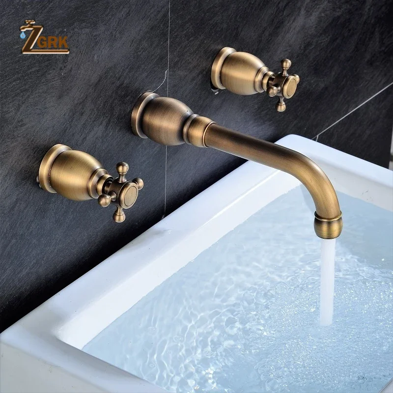 ZGRK Wall Basin Faucet Set Brass Double Handle Wall Mounted Bathroom Sink Faucet Hot and Cold Wall Tap