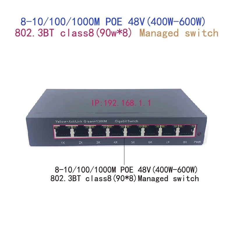 8-port 10/100/1000M POE 48V(400W-600W) 802.3BT class8(90W.8)managed  switch