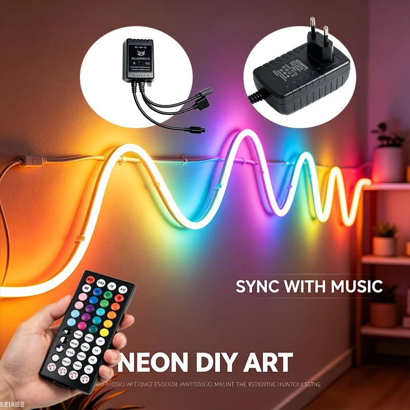 5-20M Color Changing Neon LED Rope Light EU Plug Powered, Music Sync Remote Timer for Gaming Bedroom Holiday Party Decor