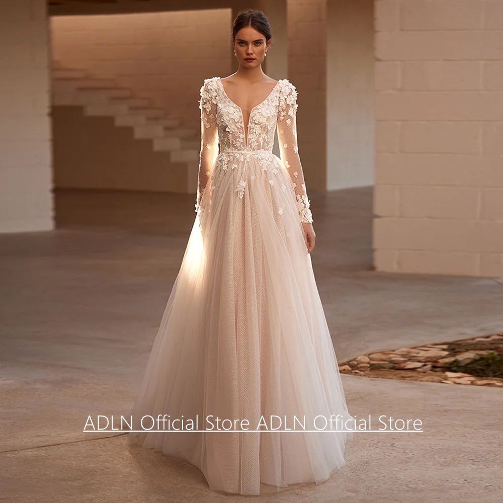 Damen-Hochzeitskleid für die Braut, maßgeschneidert, lange Ärmel, V-Ausschnitt, Perlenstickerei, Blumenapplikation, Glitzer-Brautkleid, Vestido Noiva