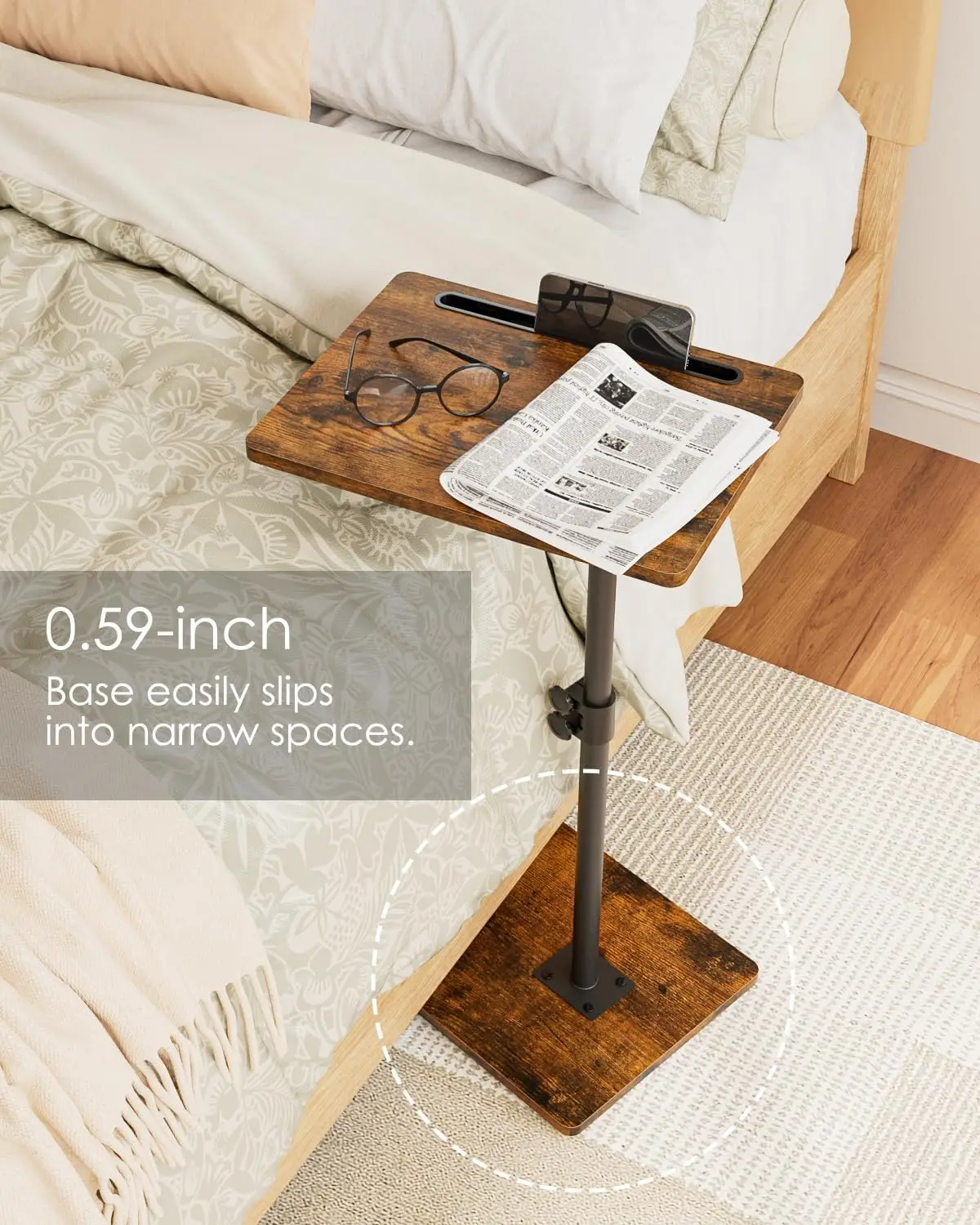 Sofa Arm Tray Table - 360° Swivel Height Adjustable End Table, Small Snack Side Table for Couch, C Shaped Table for Bed