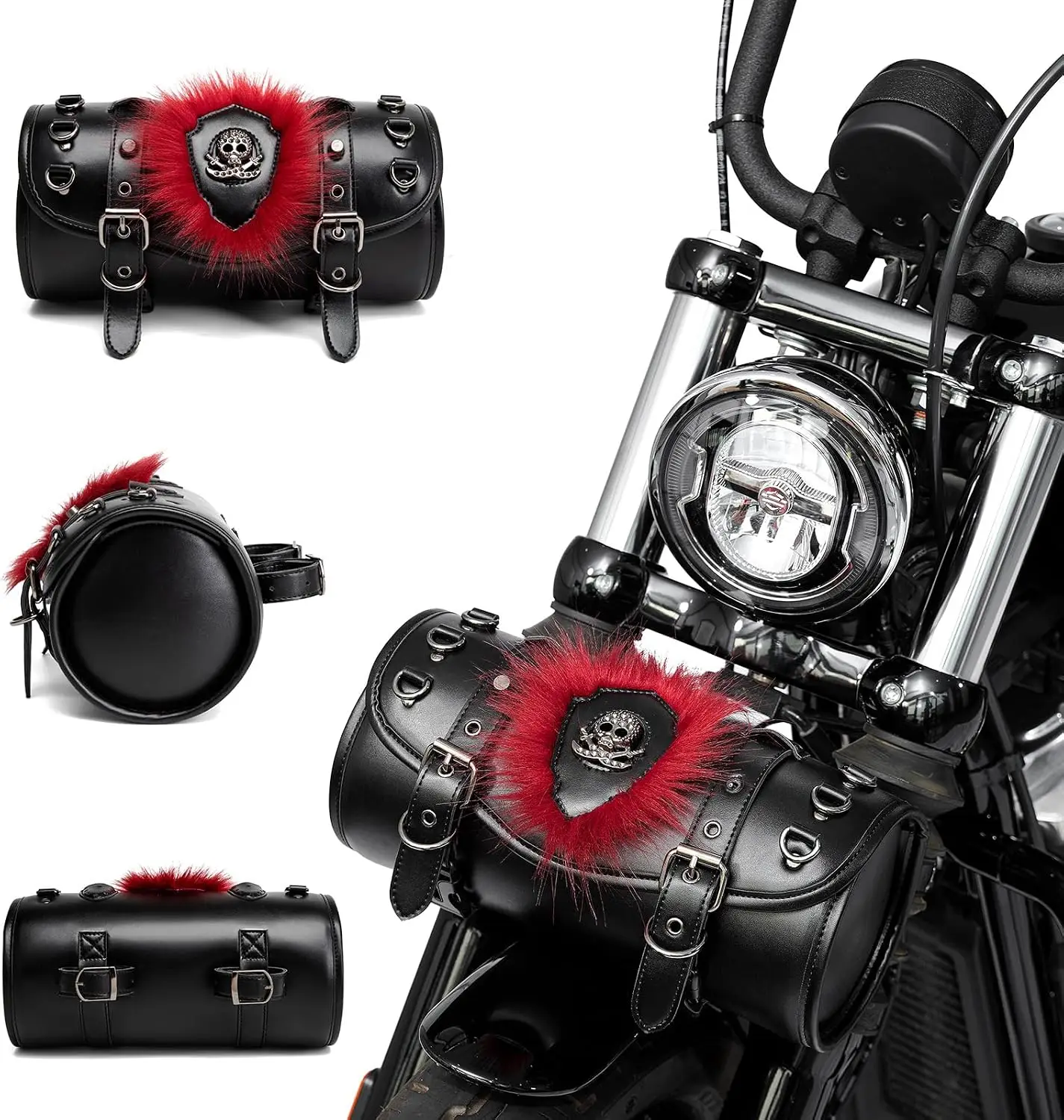 Motorcycle Tool Bag Punk Vintage Fox Fur Saddlebag for Front Fork PU Leather Skull Handlebar Roll Bag Universal Storage Pouch