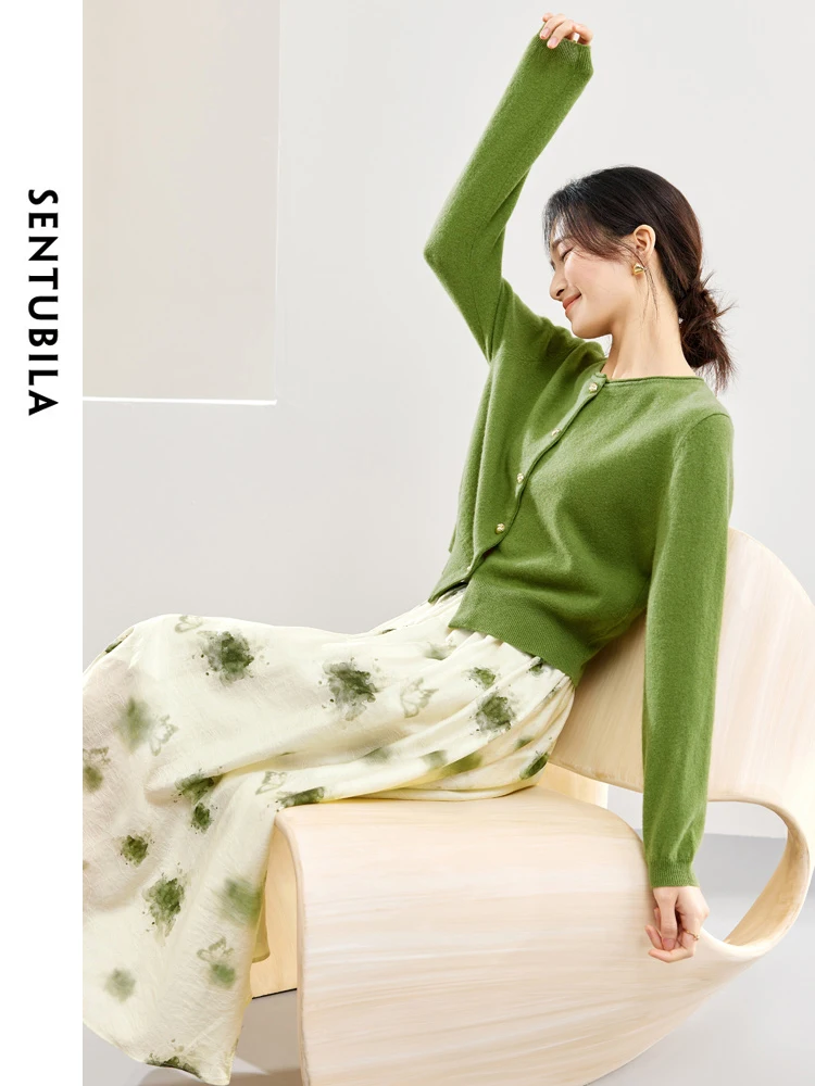 

SENTUBILA Two Piece Set Autumn for Woman 2025 Elegant Knitted Cardigan Printed Midi Skirt Vacation Style Skirts Sets 741Z53359