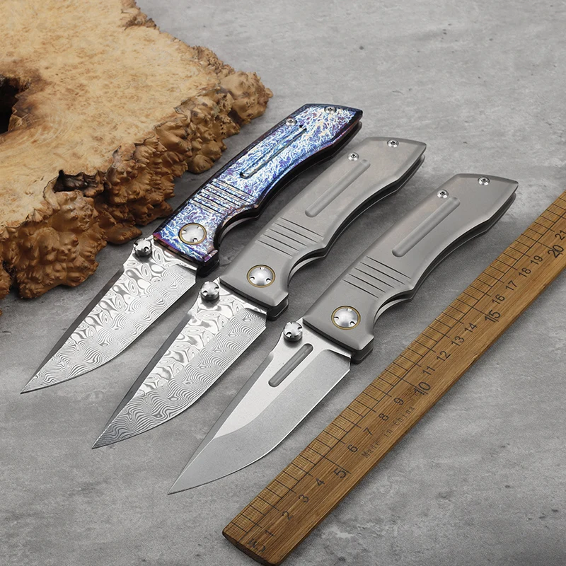 

Damascus/VG10 steel blade titanium alloy handle folding knife outdoor hunting self-defense camping tactical portable tool knife