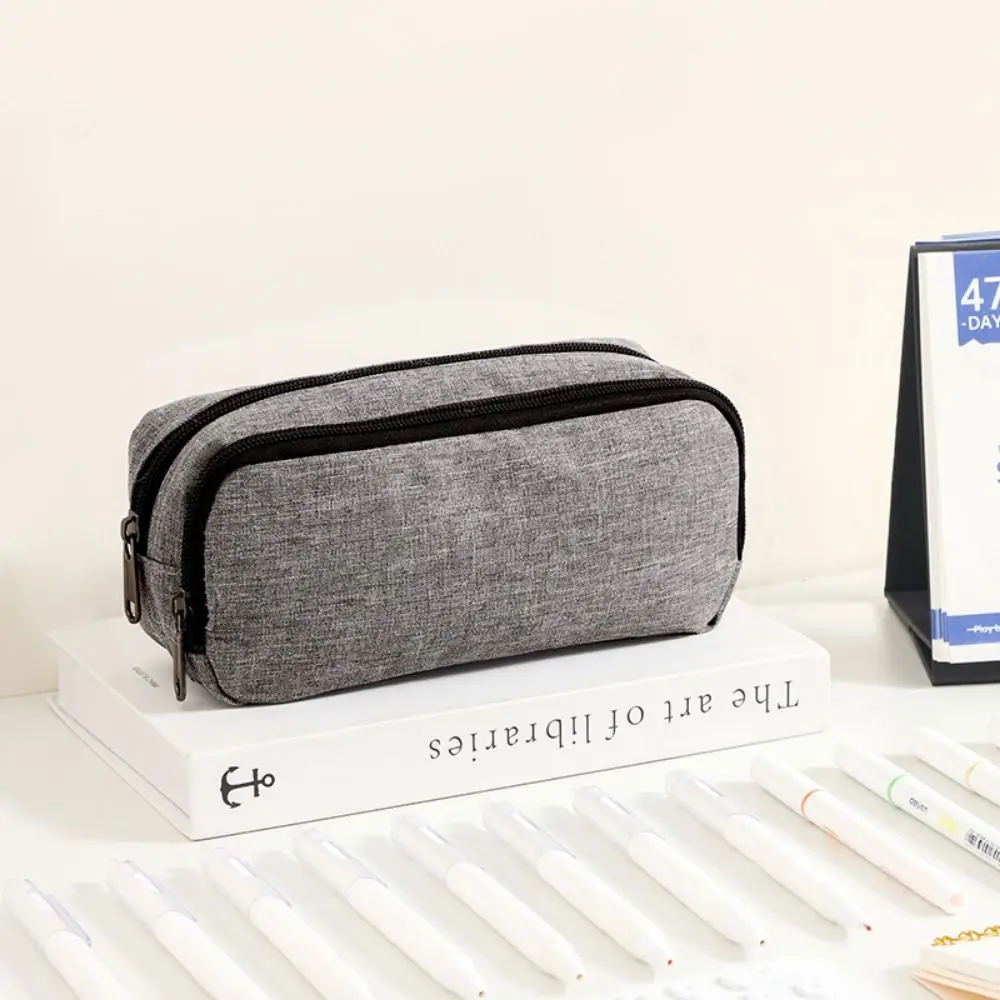 二層ポータブルペンバッグ大容量ジッパー学生鉛筆ケース耐摩耗性ソリッドカラー文具オーガナイザー