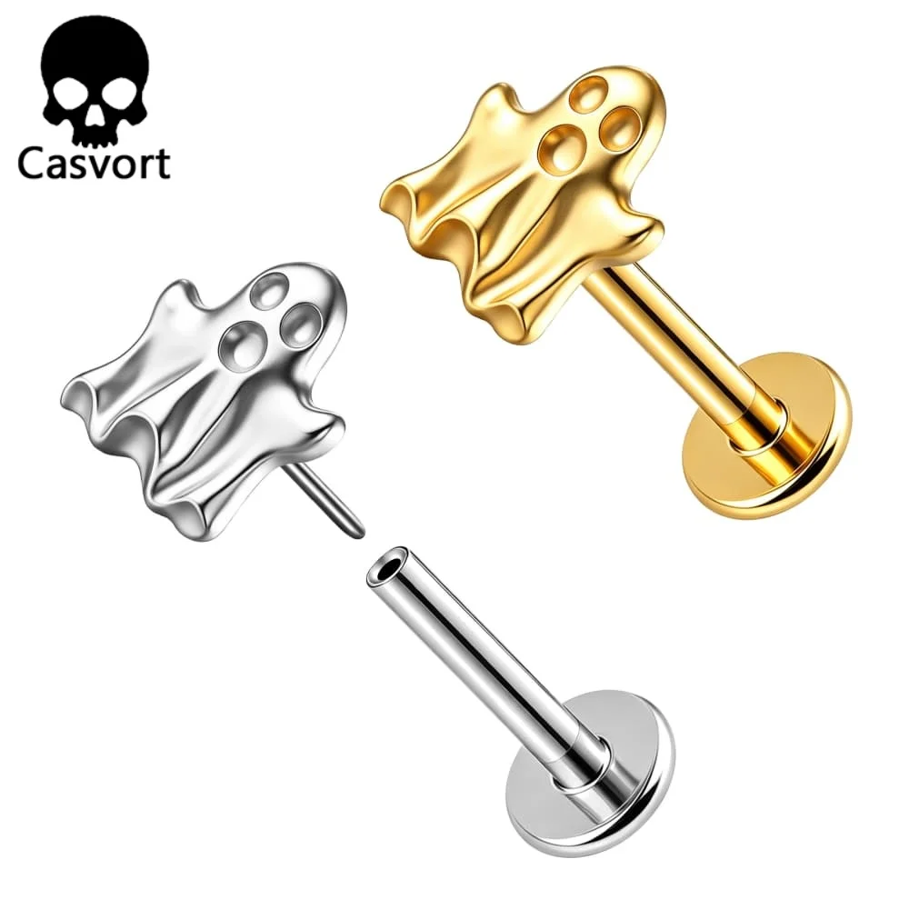 Casvort 1PC ASTM F136 Titanium Flat Back Studs Lovely Ghost Labret Threadless Lip Nose Stud Cartilage Piercing Jewelry Halloween