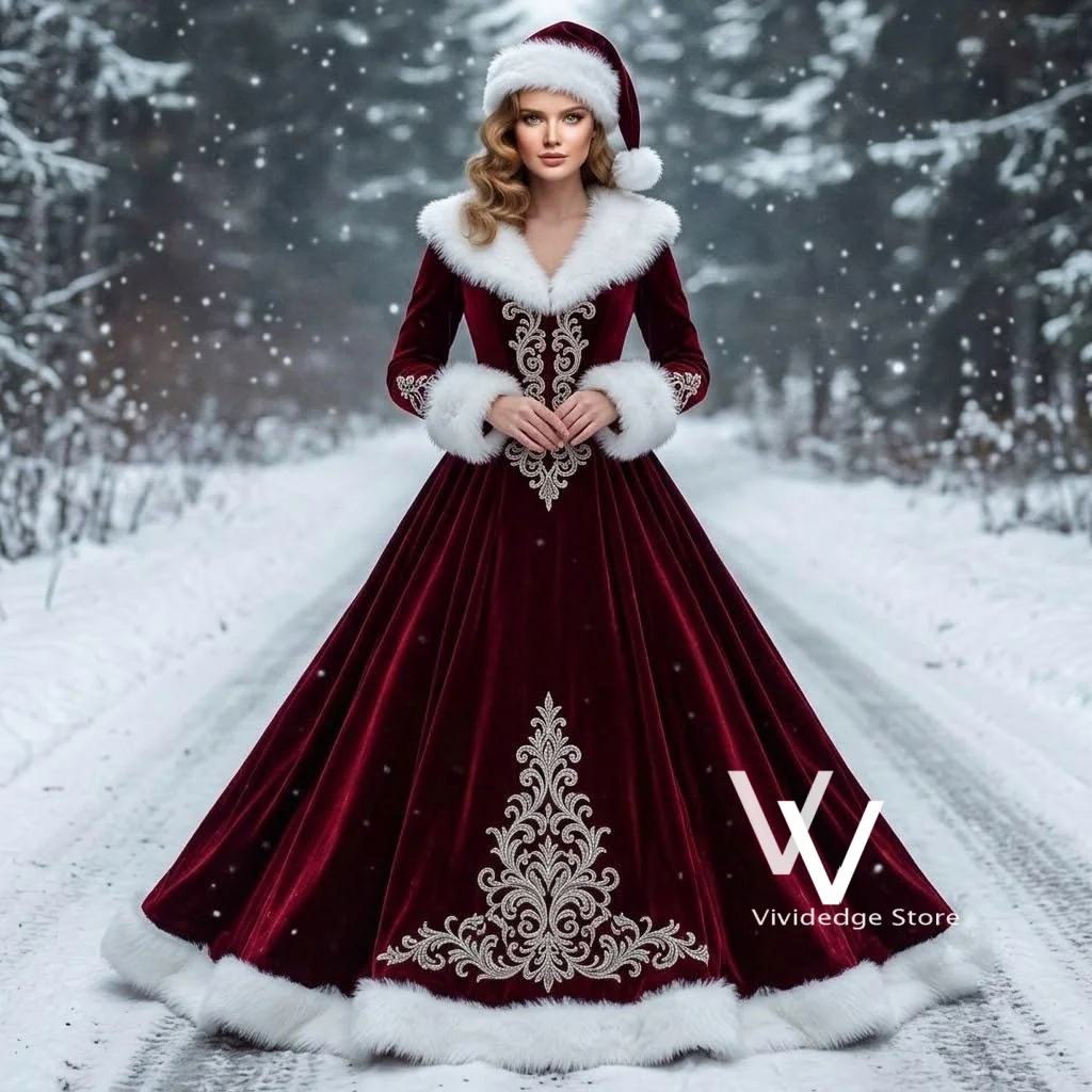 Burgunderrotes Samtkleid mit weißem Pelzbesatz, goldener Stickerei, langen Ärmeln, für den Winter, festliche Anlässe, formelles Partykleid, maßgeschneidert, vestido de fes
