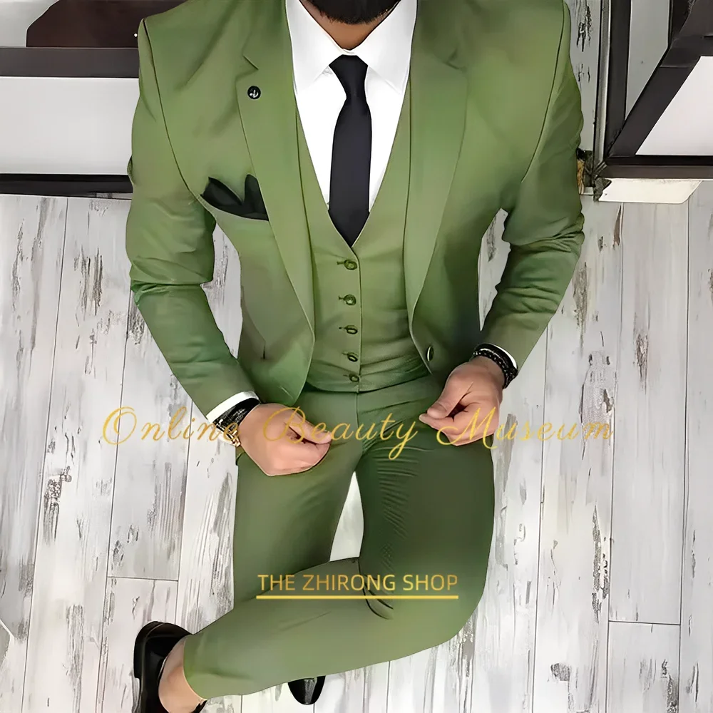 

Elegant Men's Suits in Olive Green 3pcs notch lapel jacket vest pants tailored classic fit for wedding groom dance party tuxedo