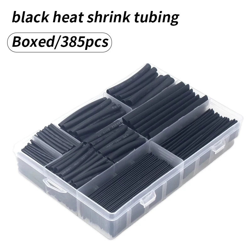 385 pieces/set 2:1 heat shrink tubing black cable conduit insulation wrapping connector sealing for wire harness protection