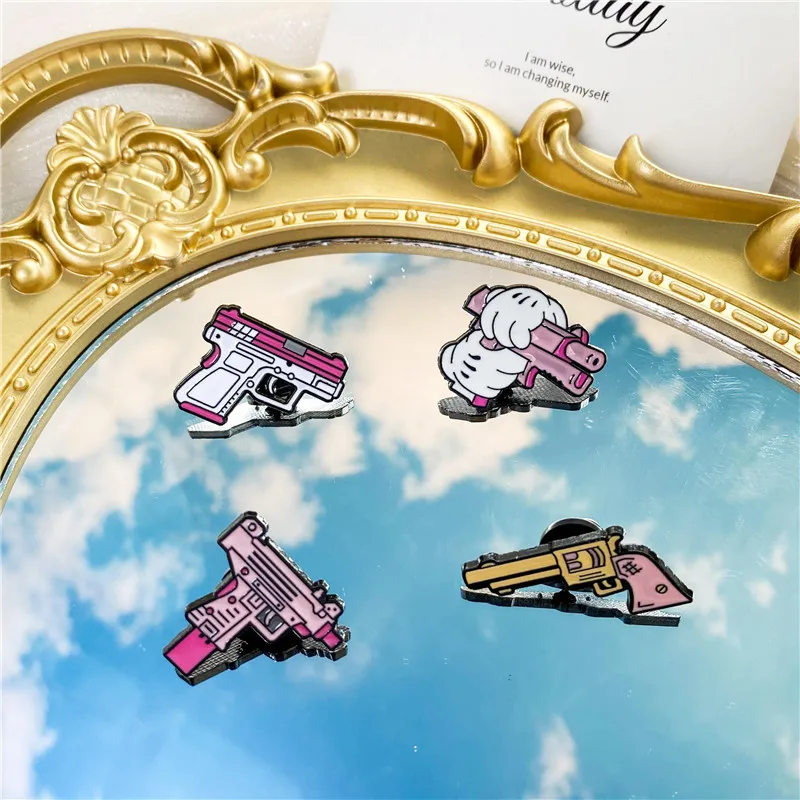 Cute Pink Pistol Enamel Brooch Cartoon Girl Weapons Metal Badge Clothes Collar Pins Bag Accessories Kids Gifts Jewelry