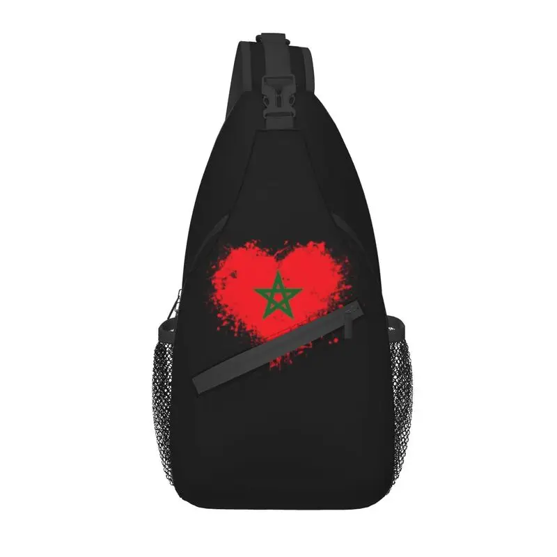 Casual Morocco Flag Heart Crossbody Sling Backpack Men Moorish Moroccan Patriotic Shoulder Chest Bag for Travel Cycling