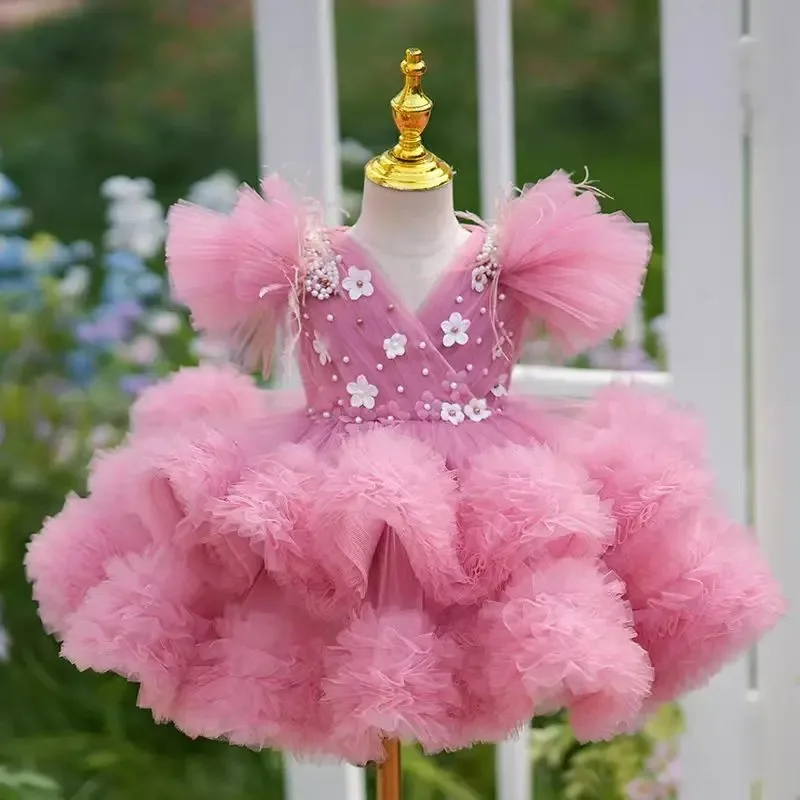 Preciosos vestidos de niña de flores rosas personalizados para boda, tul con volantes florales, fiesta de cumpleaños para niños, vestido de primera comunión con cuentas