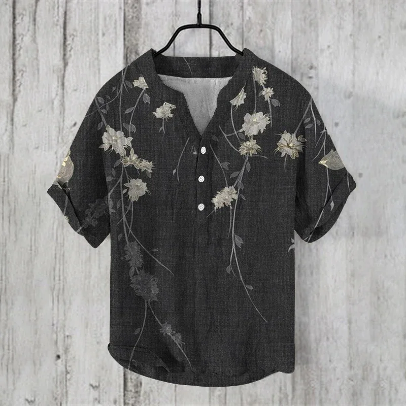 New golden mushroom style V-neck short-sleeved shirt foreign trade fashion casual loose T-shirt shirt bamboo linen shirt top