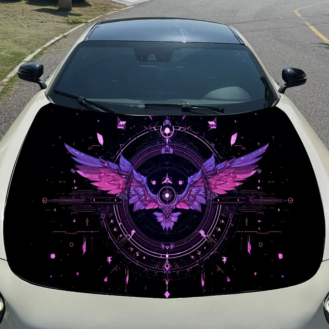 Purple Winged Sci-Fi Holy Emblem Car Vinyl Wrap, PVC Material Waterproof Car Hood Sticker, Self-Adhesive Scratch-Resistant Stick