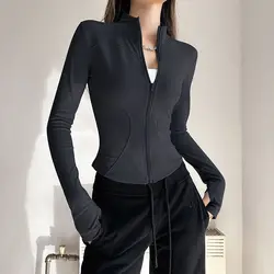 Spring Quick Drying Women Motion Zipper Solid Color Bodybuilding Casual Stand Collar Elastic Force Comfortable All-match Coat