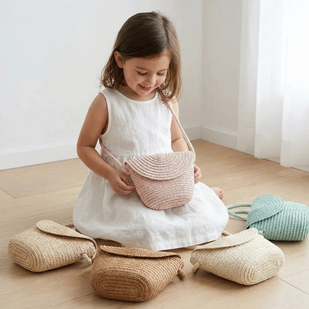 Fashion Shell Shape Children Straw Bag Pure Color Half Round Woven Crossbody Bag Handmade Creative Handwoven Beach Bag Girls