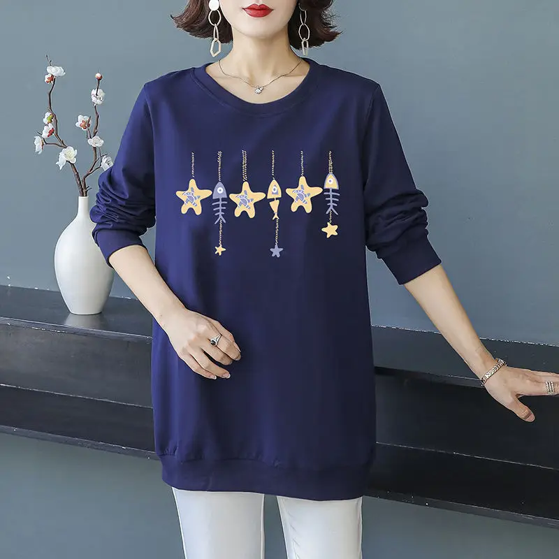 Women Autumn Winter Korean Fashion 2022 Long Sleeve Round Neck All-match Pullover Female Clothes Print Casual Loose Tunic Tops