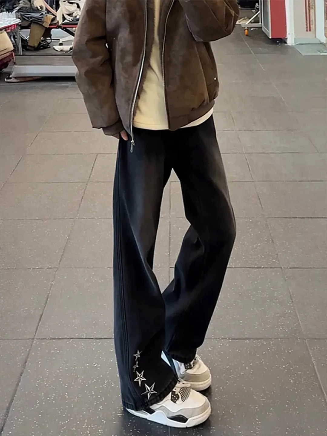 

Мужские джинсы American Sle Bla с вышивкой в виде пятиконечной звезды, осенне-зимние, прямые, расклешенные, универсальные, длинные брюки