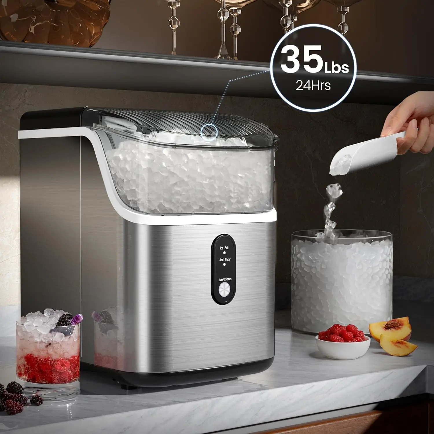 Kismile Nugget Ice Makers Countertop,Pebble Ice Maker Machine with Crushed Ice, 35lbs/Day,One-Click Operation