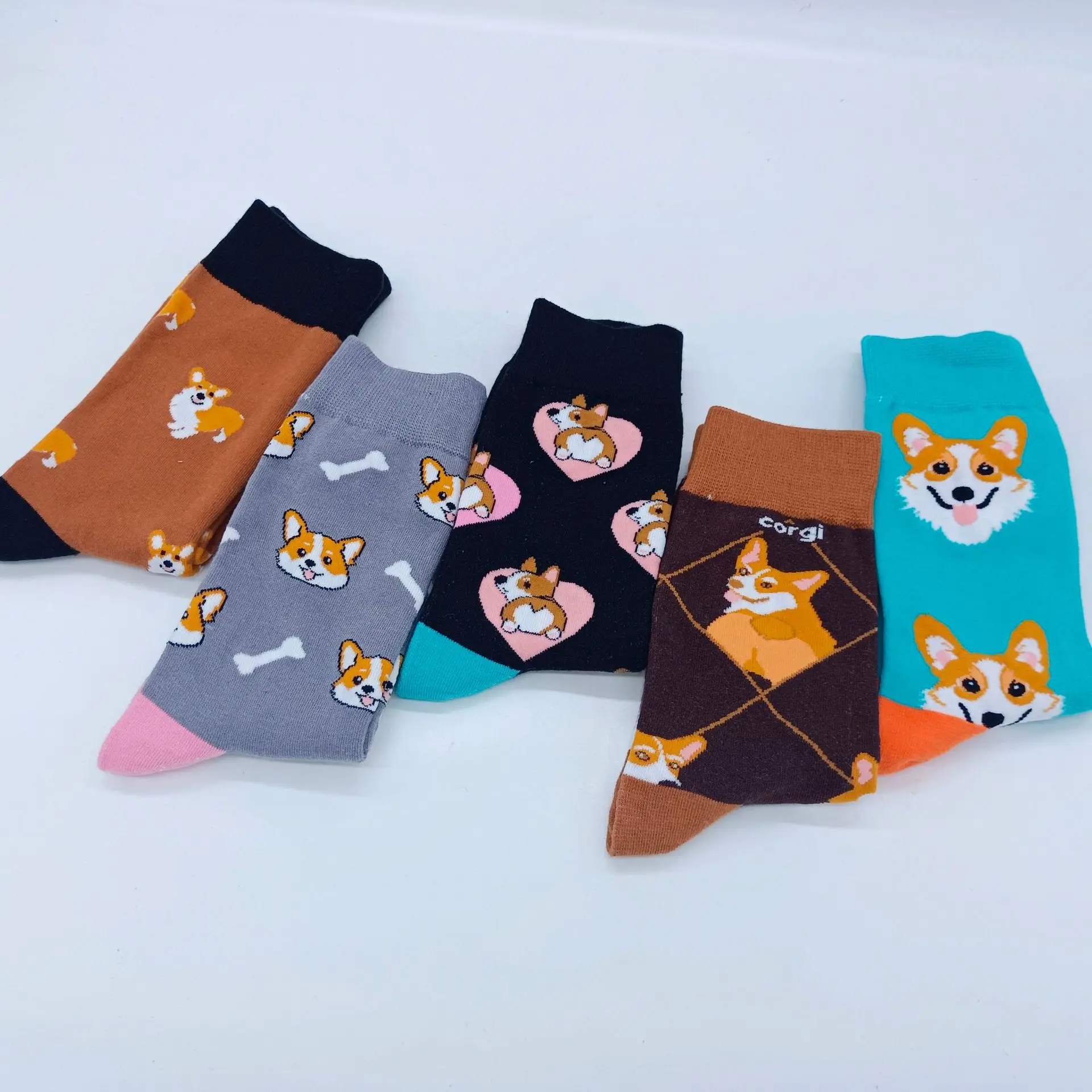 

5 Pairs Women Cartoon Patterned Socks Trendy Versatile Breathable Colorful corgi Dog Cotton Socks Four Seasons Medium tube Socks
