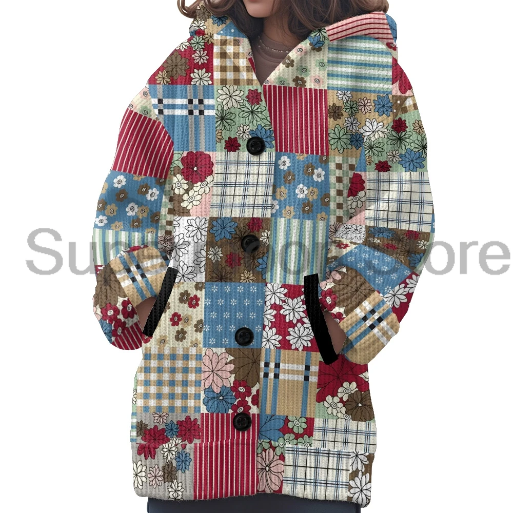 

Women's Patchwork Floral Plaid Printed Down Hooded Cardigan Long Sleeve Streetwear Winter Coat Casual Outerwear Sweater 3