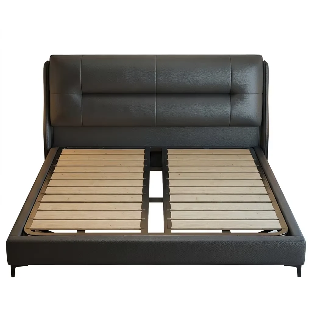 ^Modern Italian Minimalist Nappa Leather Storage Soft Bed Heavy-Duty Slat System Upholstered Queen Bed Frame Luxury