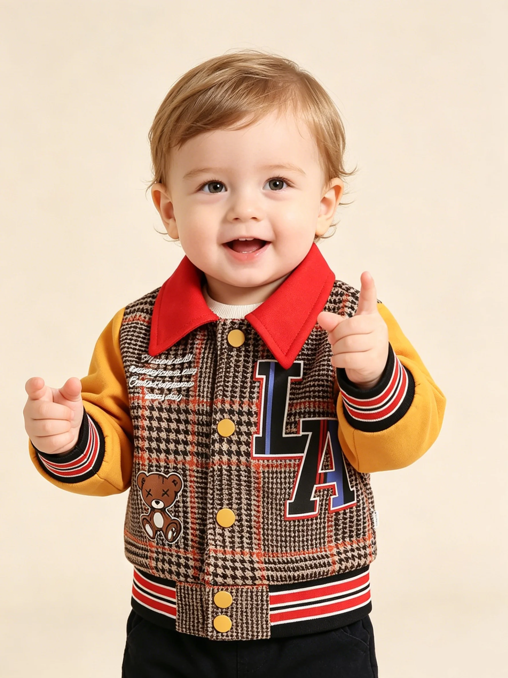 Autumn And Winter Boys' Long Sleeve Turn-Up Collar Letter Print Single Row Button Fashionable Cute Casual Jacket Coat