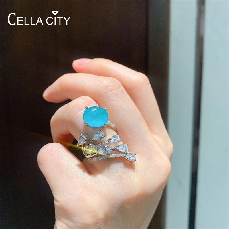 

Cellacity Real 925 Sterling Silver Open Rings For Women With 10*12mm Paraiba Blue Gemstones Wedding Silver Fine Jewelry Gifts