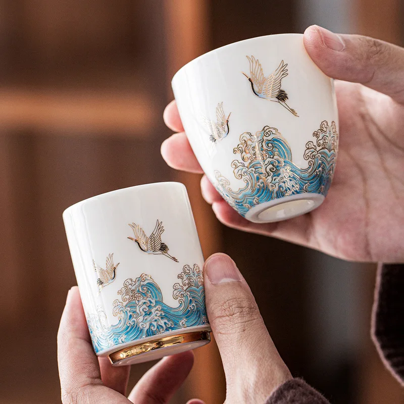 

handpainted tea cup crane print Fat mutton Jade porcelain master cups one piece on sales 65ml