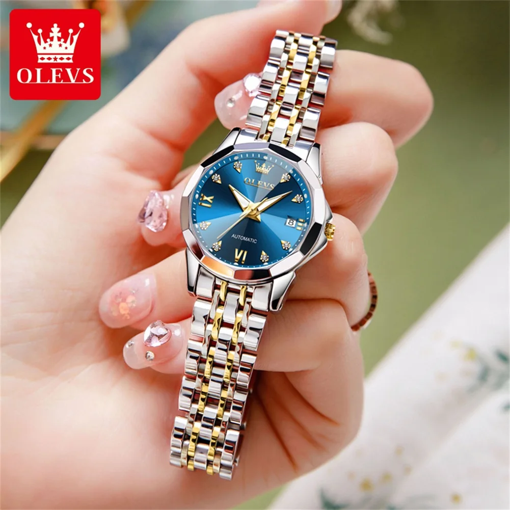 OLEVS 9982 Women\'s Watches Rhombus Mirror Original Automatic Mechanical Watch for Women Waterproof Stainless Steel Watch Ladies