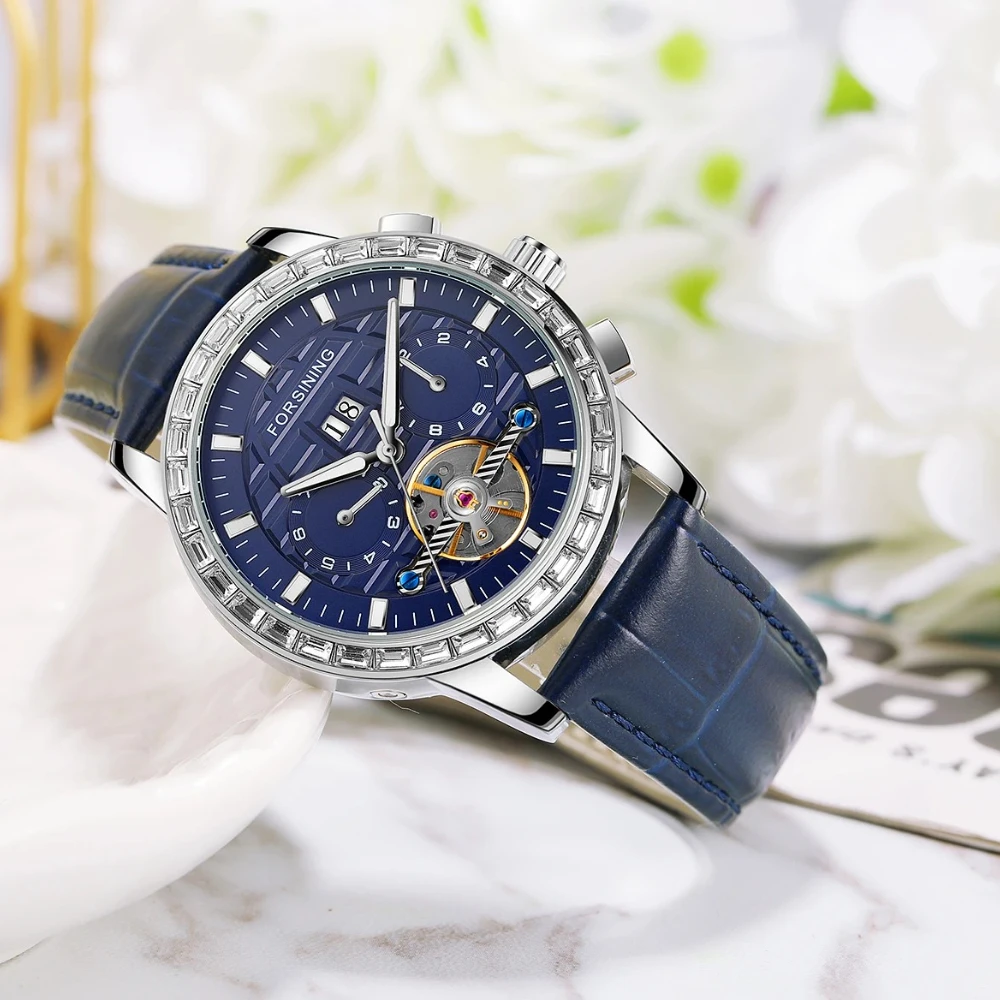 

Luxury Brand Tourbillion Fashion Blue Dial Multi Function Display Mens Automatic Self Wind Mechanical Leather Band Watches
