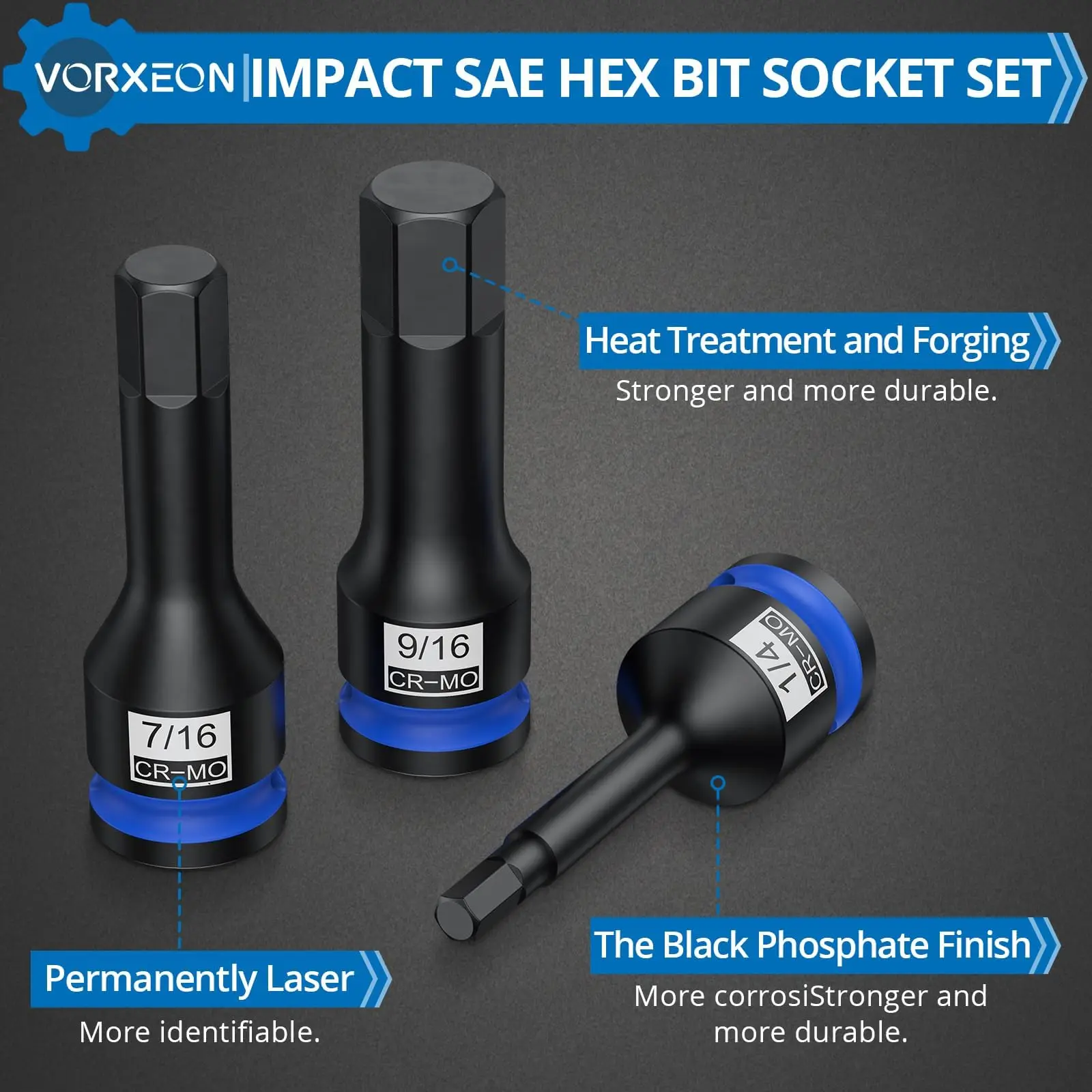 10-częściowy zestaw potrójnych kwadratowych nasadek udarowych 42 Cr-Mo XZN M5 - M18 z walizką do przechowywania, napęd 1/2"