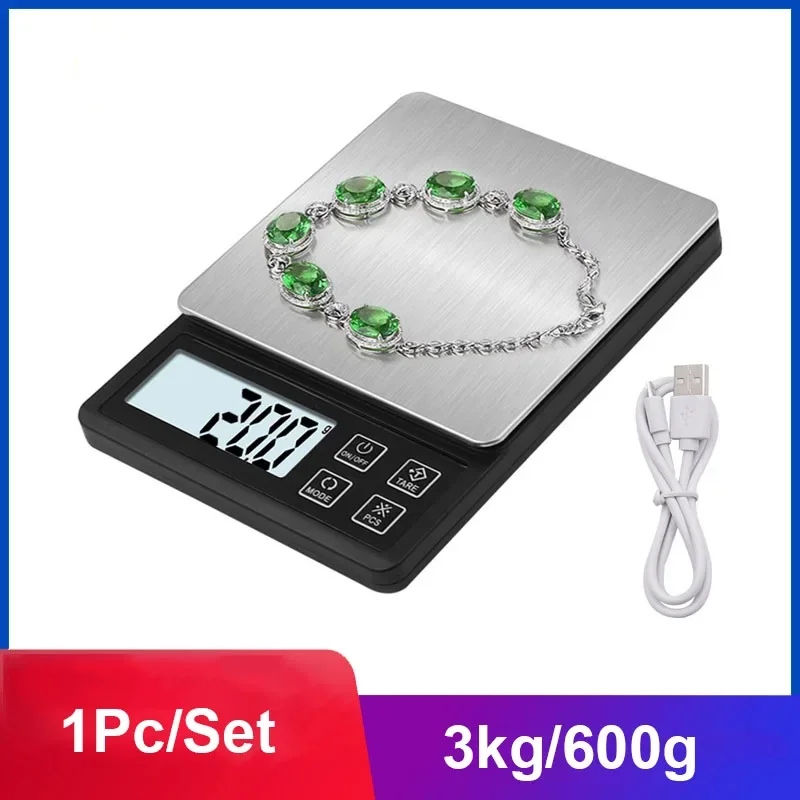 1Pc/Set Mini Portable Electronic Scale 3kg/600g Kitchen Scale 0.01/0.1g High Precision USB Digital Baking Scale With LED Display