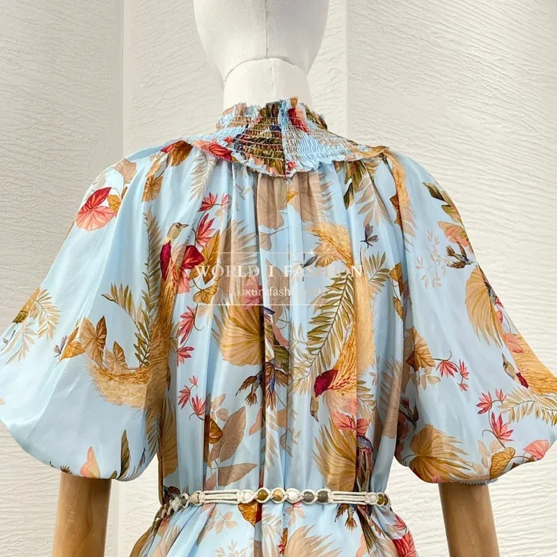 2025년 신상 여름 플로럴 프린트 반팔 빈티지 고급 실크 플리츠 스탠드 칼라 롱 드레스 여성용