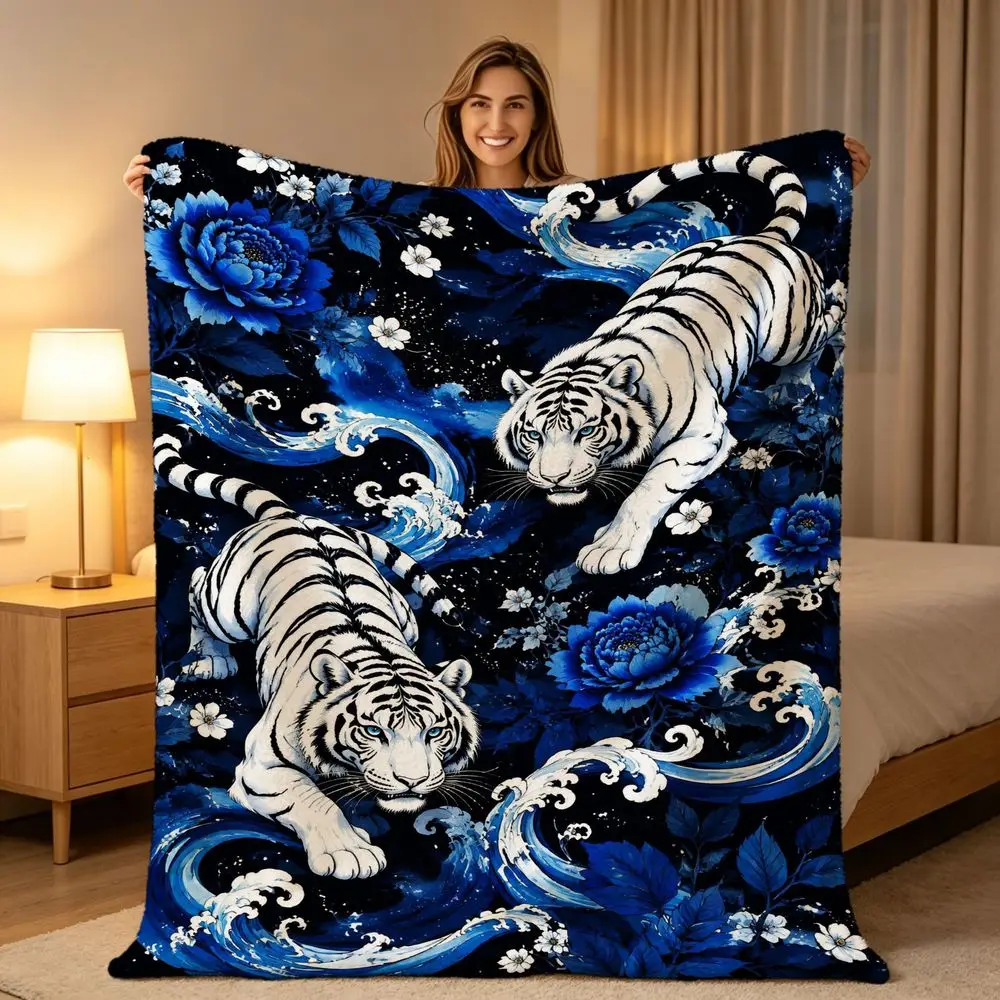 White Tiger Blue Wave Peony Oriental Style Soft Cozy Throw Blanket for Sofa Bed Majestic Presence