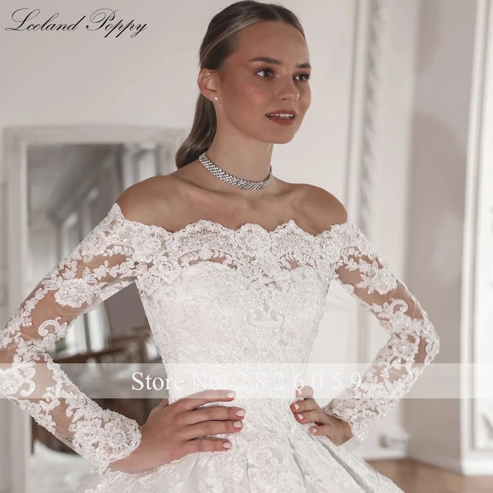 Lceland Poppy Customized Ball Gown Boat Neck Lace Appliques Wedding Dresses Full Sleeves Bridal Gowns with Cathedral Train