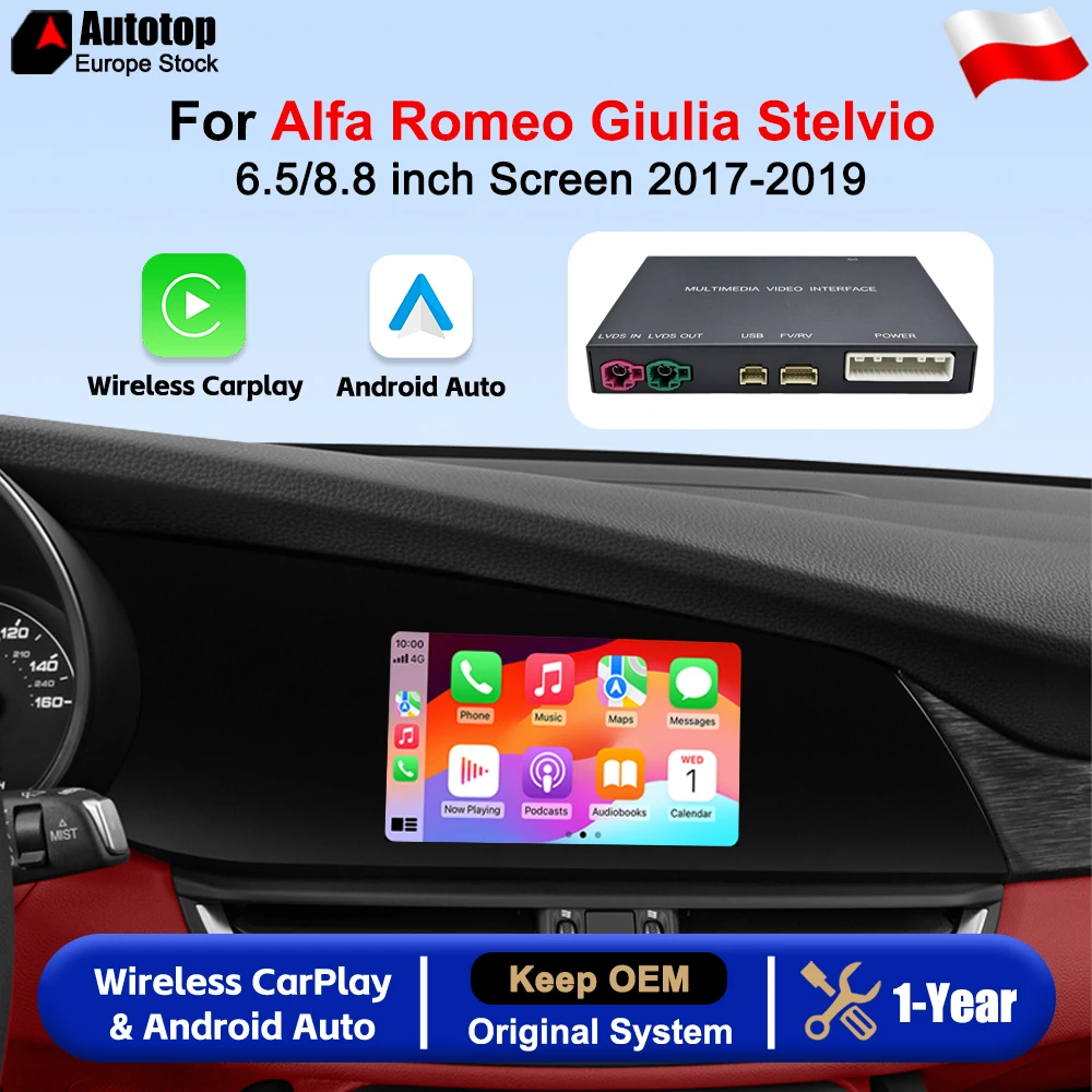 Decoder per l'aggiornamento di CarPlay e Android Auto, compatibile con Alfa Romeo Giulia Quadrifoglio e Stelvio, con schermo da 6,5/8,8 pollici, modelli 2017-2019. Include funzionalità CarPlay, Mirror