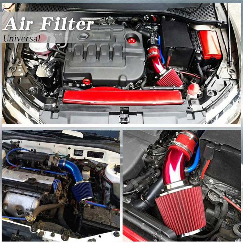 Universal Car Racing Cool Air Intake Kit 3Inch Pipe Aluminium Automotive Filter Induction Low Hose and Clamp Kits ,Blue