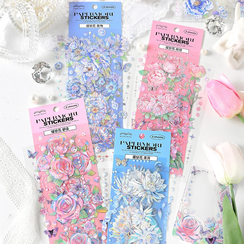 3 Pieces Large - size Flower Long - strip Stickers, Exquisite Rose & Peony Patterns, Ideal for Journal Decoration & Scrapbooking